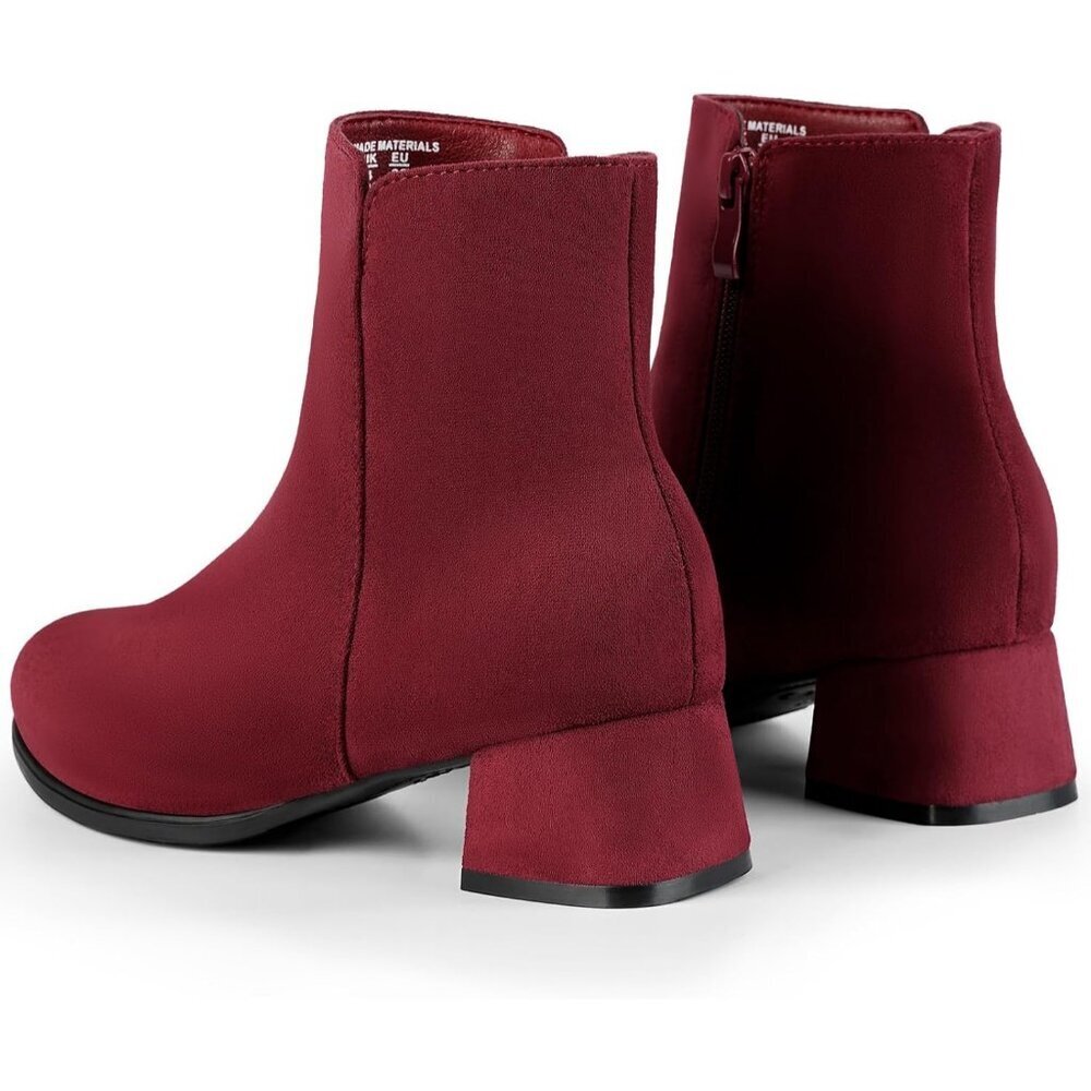 Women's Red Classic Ankle Boots Low Block Heels Suede Chunky Fashion Booties - Picture 5 of 8